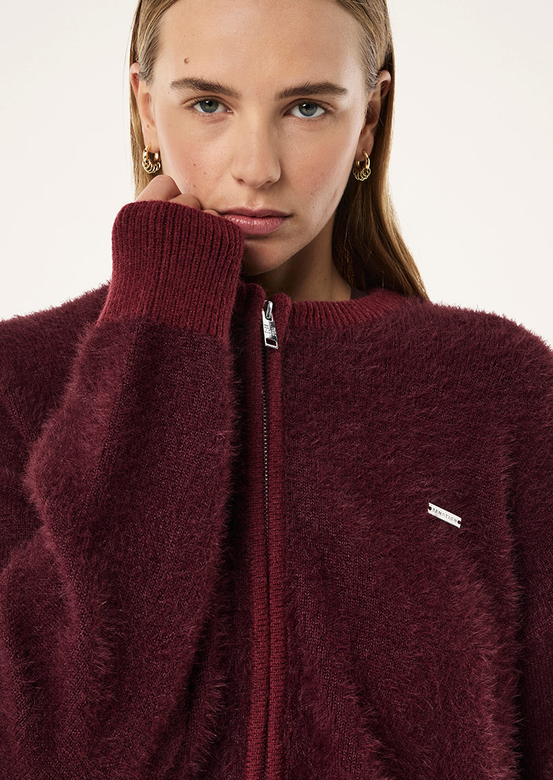 Sable Stripe Knit Bomber in Mahogany Stripe by P.E Nation, Women's Athleisure Knit jacket
