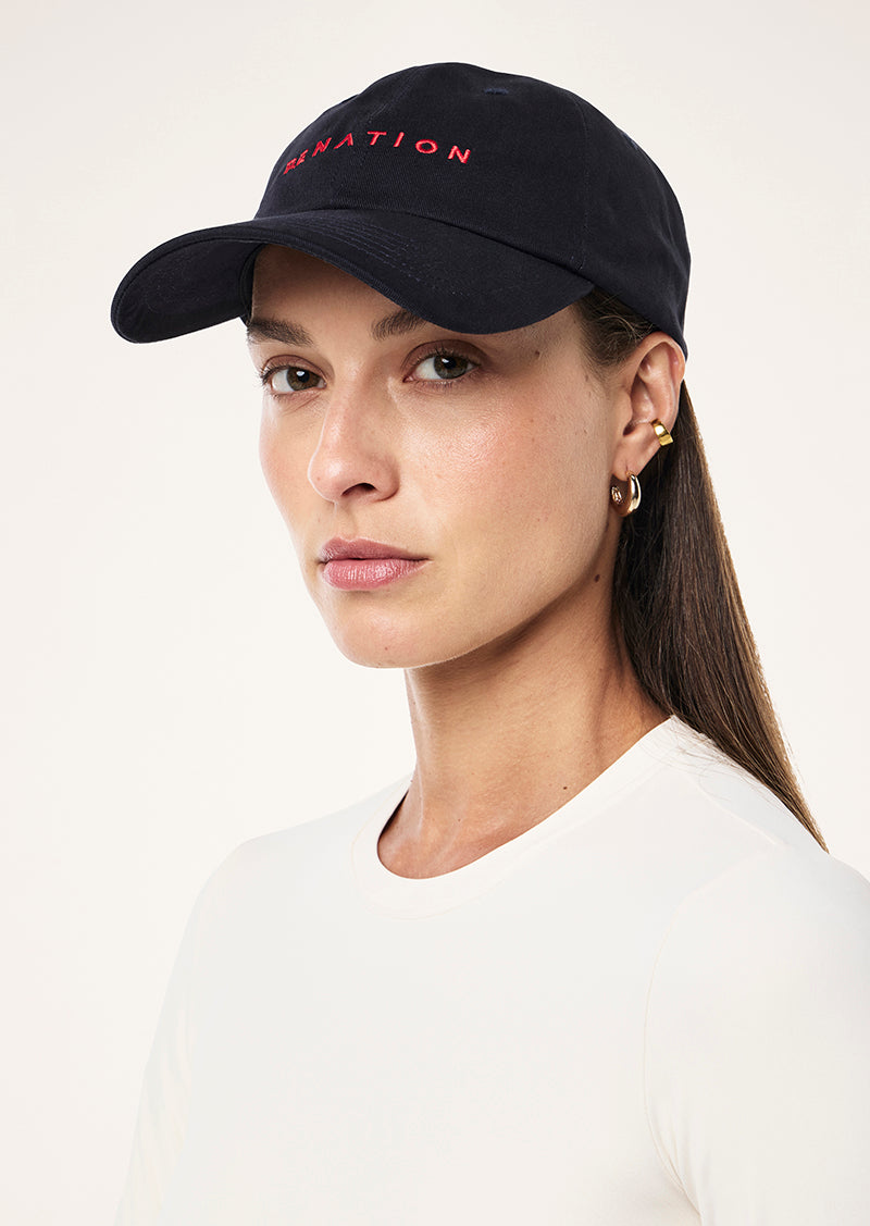 SHIFT CAP IN DARK NAVY & STRAWBERRY BY P.E NATION, WOMEN'S ATHLEISURE CAPS