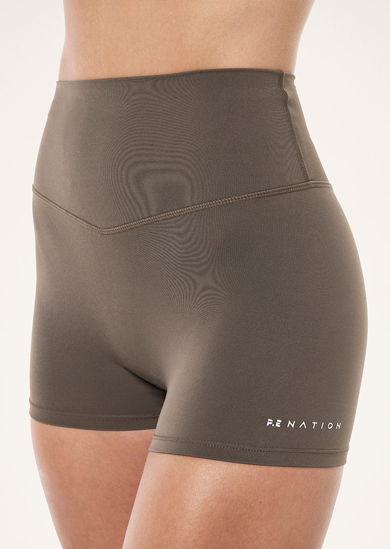 SIGNATURE 3 INCH BIKE SHORT IN MAJOR BROWN BY P.E NATION, WOMEN'S ATHLEISURE BIKE SHORTS