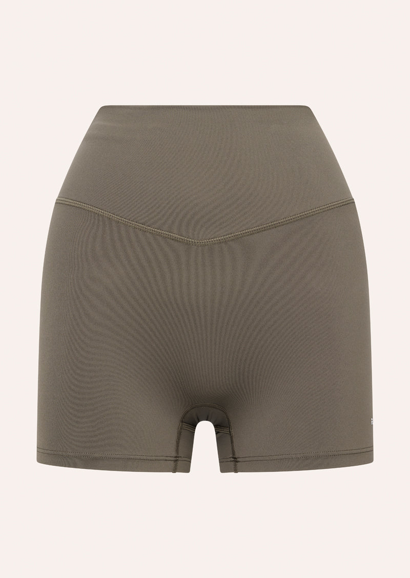 SIGNATURE 3 INCH BIKE SHORT IN MAJOR BROWN BY P.E NATION, WOMEN'S ATHLEISURE BIKE SHORTS