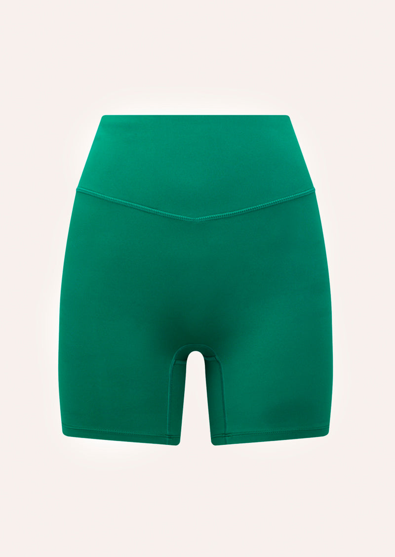 SIGNATURE 5 INCH BIKE SHORT IN COLLEGE GREEN BY P.E NATION, WOMEN'S ATHLEISURE BIKE SHORTS