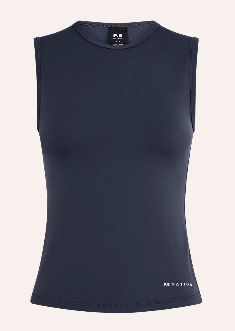 SIGNATURE MUSCLE TANK IN MARINE BLUE BY P.E NATION, WOMEN'S ATHLEISURE TANKS