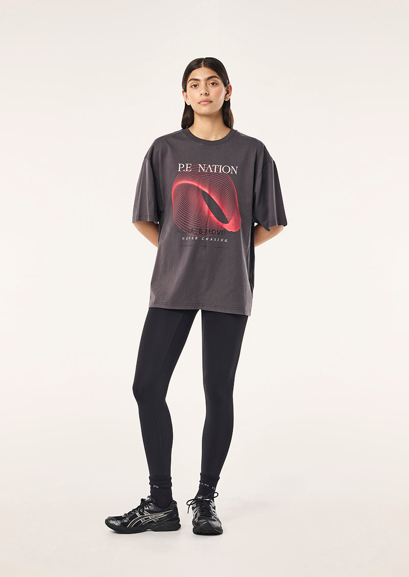 SNAP OVERSIZED TEE IN IRON BY P.E NATION, WOMEN'S ATHLEISURE OVERSIZED TEE