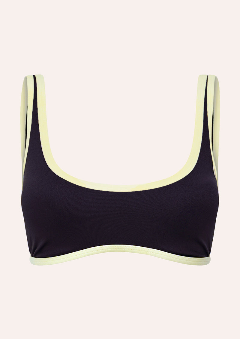 SOLIS SCOOP SPORTS BRA IN BLACK BEAN AND SOFT YELLOW BY P.E NATION, WOMEN'S ATHLEISURE SPORTS BRAS