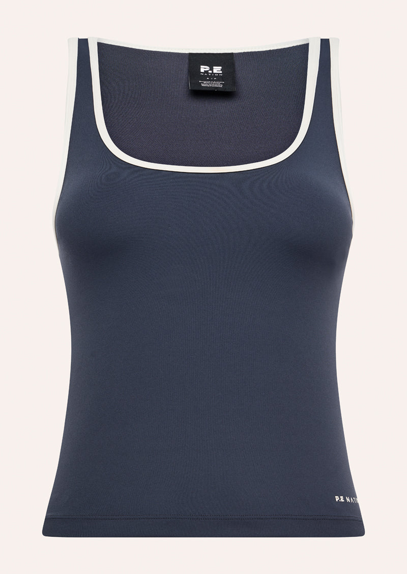 SPECTRUM SCOOP TANK IN MARINE BLUE AND WHISPER WHITE BY P.E NATION, WOMEN'S ATHLEISURE GYM TANKS
