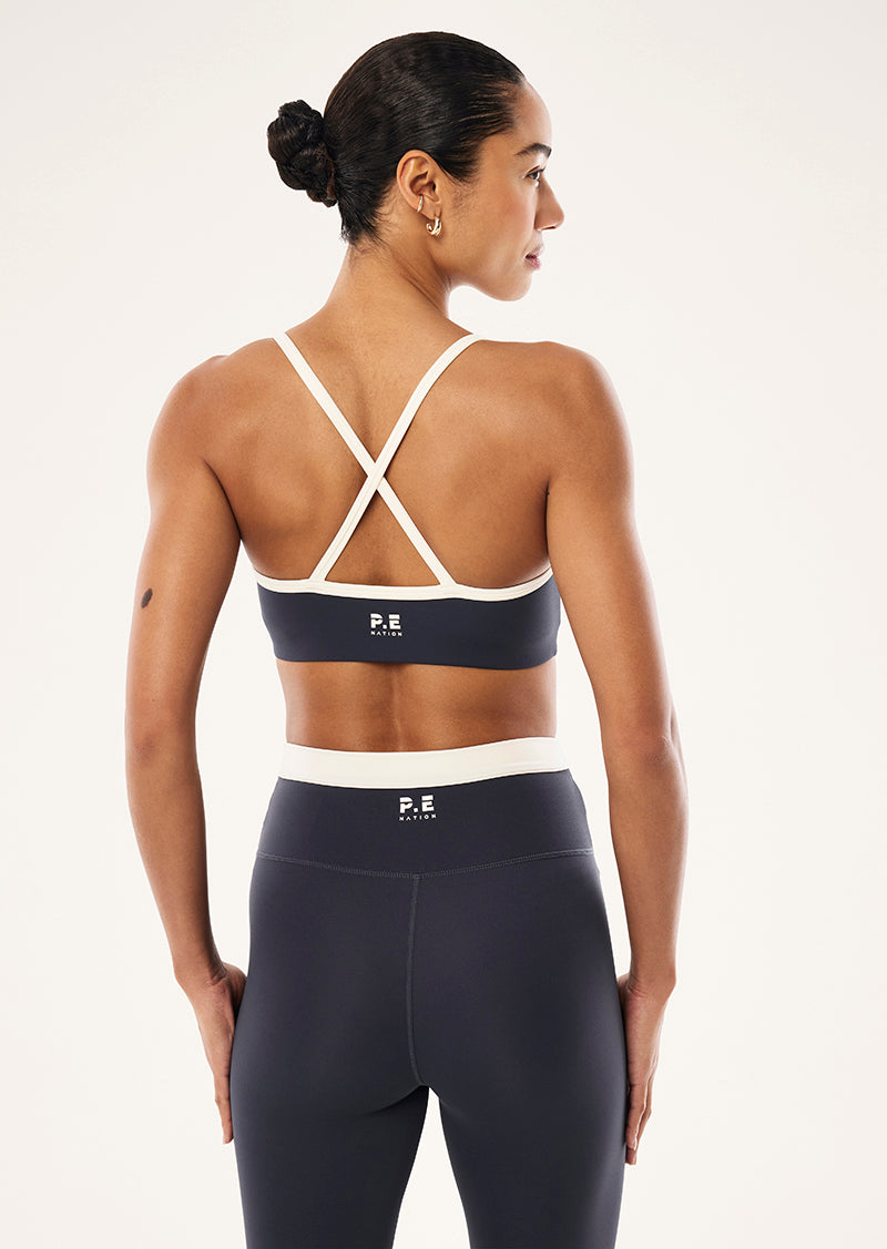 SPECTRUM SPORTS BRA IN MARINE BLUE & WHISPER WHITE BY P.E NATION, WOMEN'S ATHLEISURE SPORTS BRA