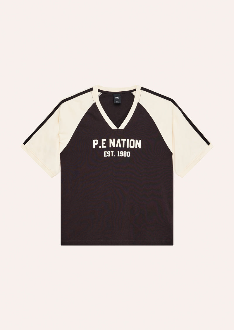 SPINOUT BASEBALL TEE IN BLACK BEAN AND WHISPER WHITE BY P.E NATION, WOMEN'S ATHLEISURE OVERSIZED TEE