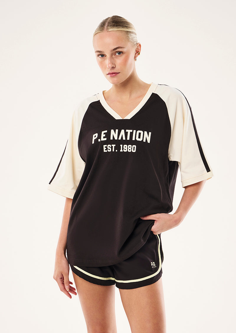 SPINOUT BASEBALL TEE IN BLACK BEAN AND WHISPER WHITE BY P.E NATION