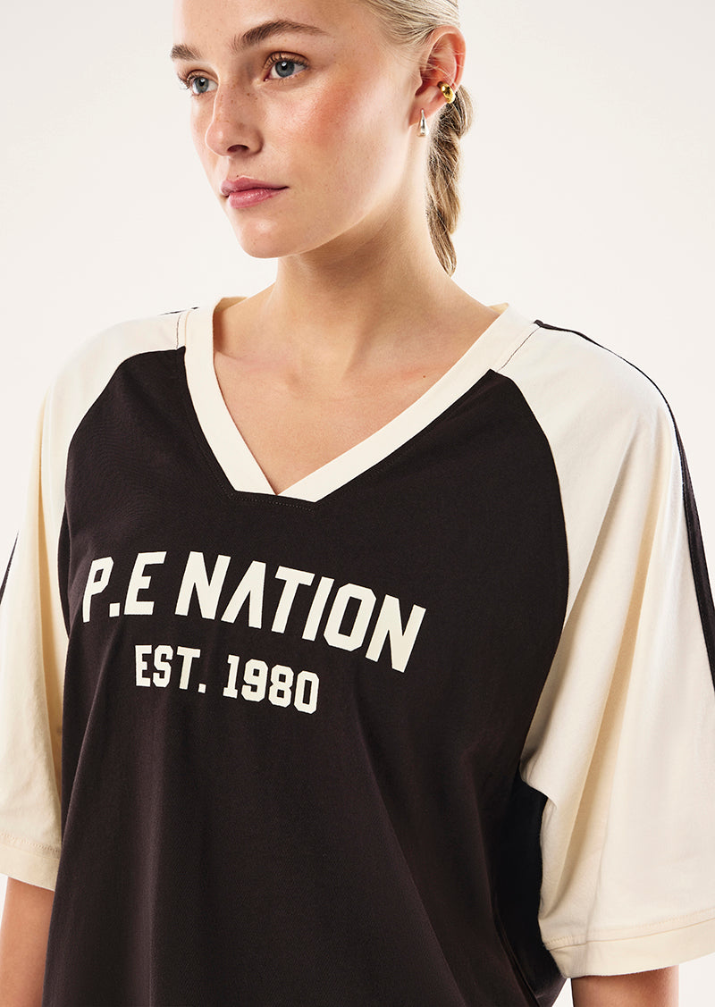 SPINOUT BASEBALL TEE IN BLACK BEAN AND WHISPER WHITE BY P.E NATION, WOMEN'S ATHLEISURE OVERSIZED TEE