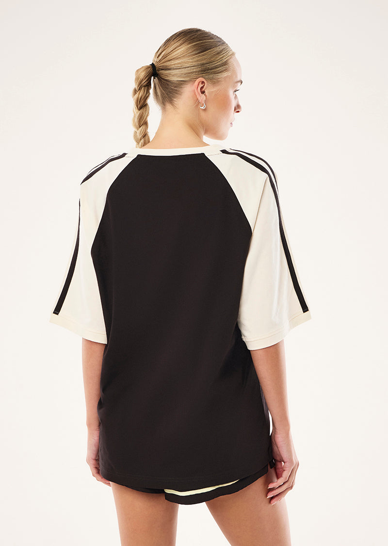SPINOUT BASEBALL TEE IN BLACK BEAN AND WHISPER WHITE BY P.E NATION, WOMEN'S ATHLEISURE OVERSIZED TEE