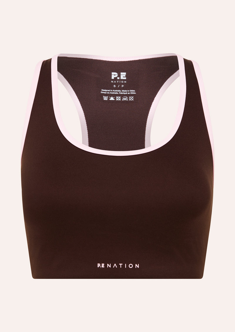 STELLAR SPORTS BRA IN ESPRESSO BY P.E NATION, WOMENS ACTIVE SPORTS BRA BROWN