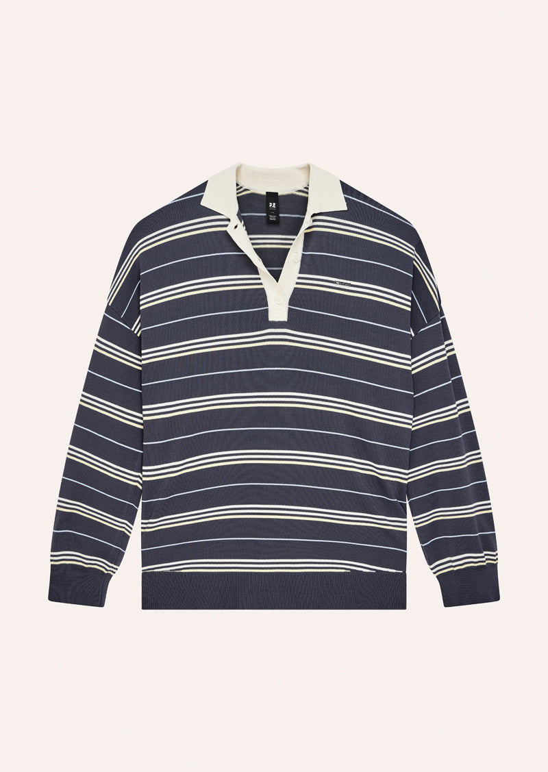 STRATA RUGBY KNIT IN MARINE BLUE STRIPE BY P.E NATION, WOMEN'S ATHLEISURE RUGBY SHIRT