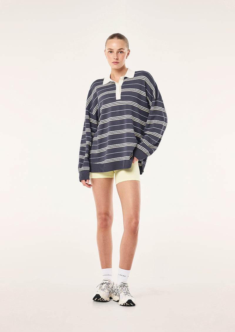 STRATA RUGBY KNIT IN MARINE BLUE STRIPE BY P.E NATION, WOMEN'S ATHLEISURE RUGBY SHIRT