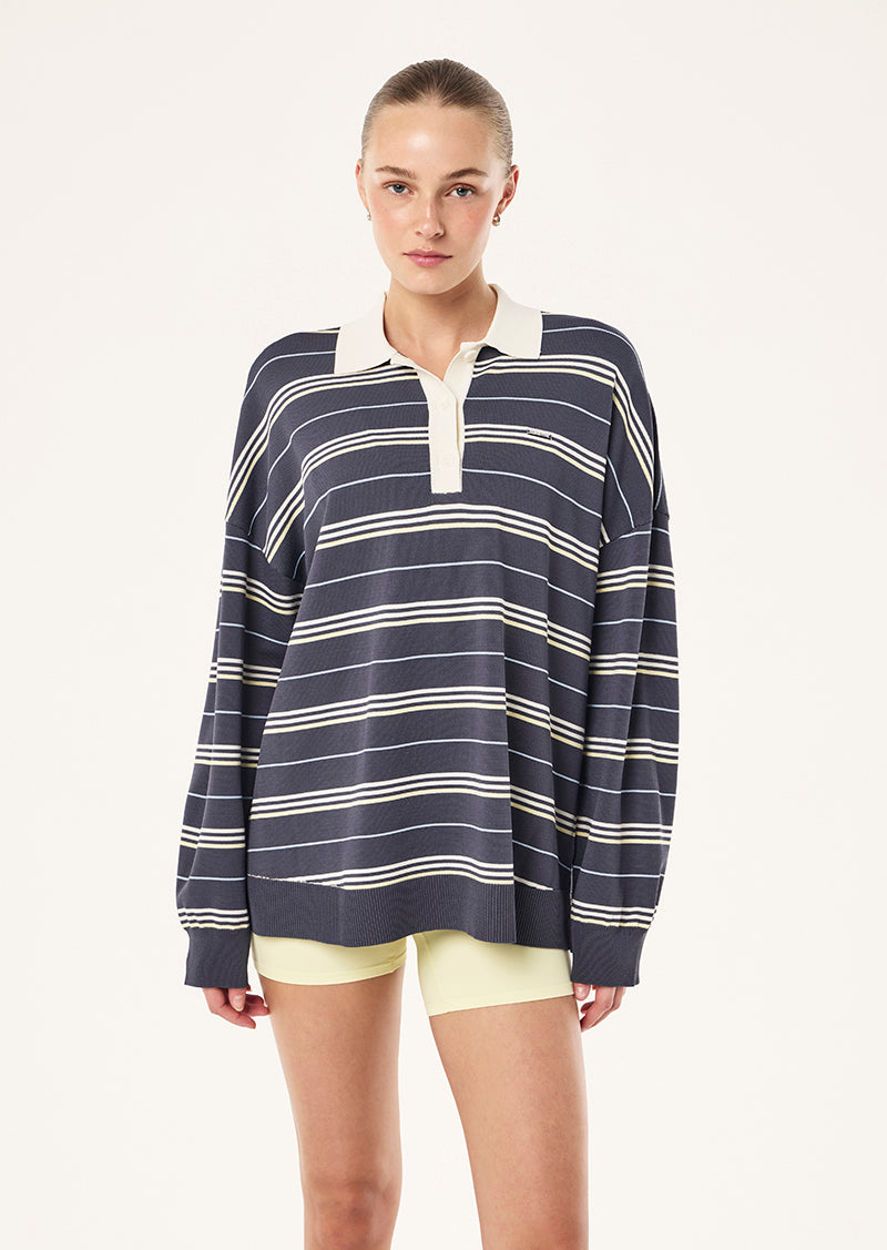 STRATA RUGBY KNIT IN MARINE BLUE STRIPE BY P.E NATION, WOMEN'S ATHLEISURE RUGBY SHIRT