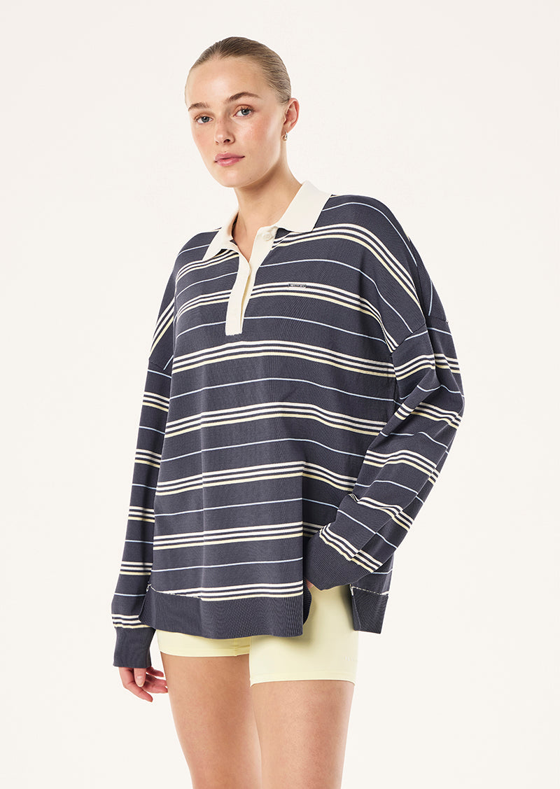 STRATA RUGBY KNIT IN MARINE BLUE STRIPE BY P.E NATION, WOMEN'S ATHLEISURE RUGBY SHIRT