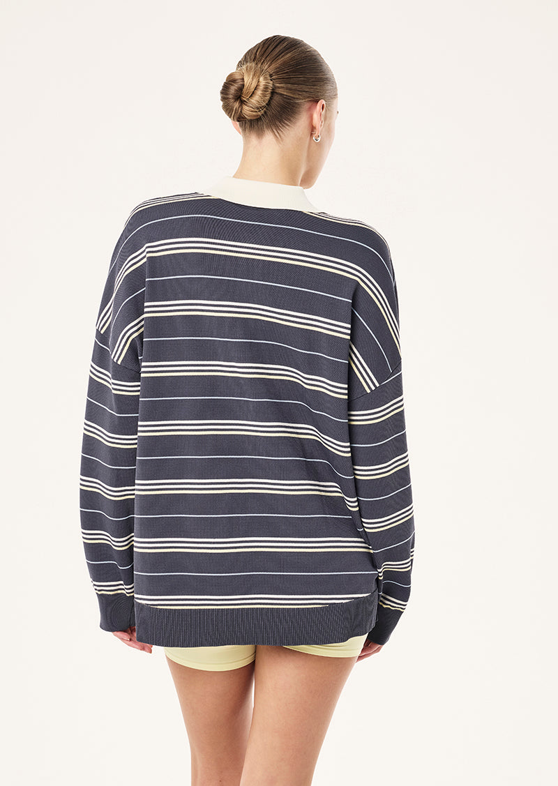STRATA RUGBY KNIT IN MARINE BLUE STRIPE BY P.E NATION, WOMEN'S ATHLEISURE RUGBY SHIRT