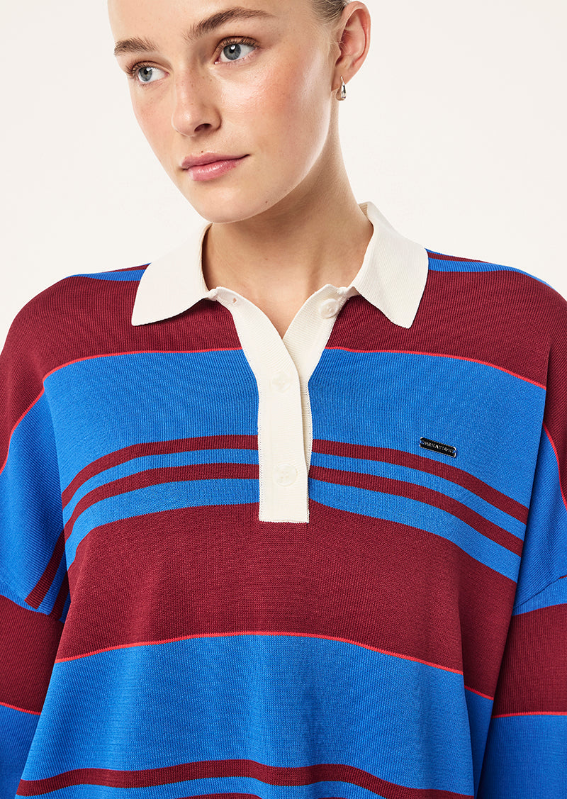 STRATA RUGBY KNIT IN PALACE BLUE STRIPE BY P.E NATION, WOMEN'S ATHLEISURE RUGBY SHIRTS
