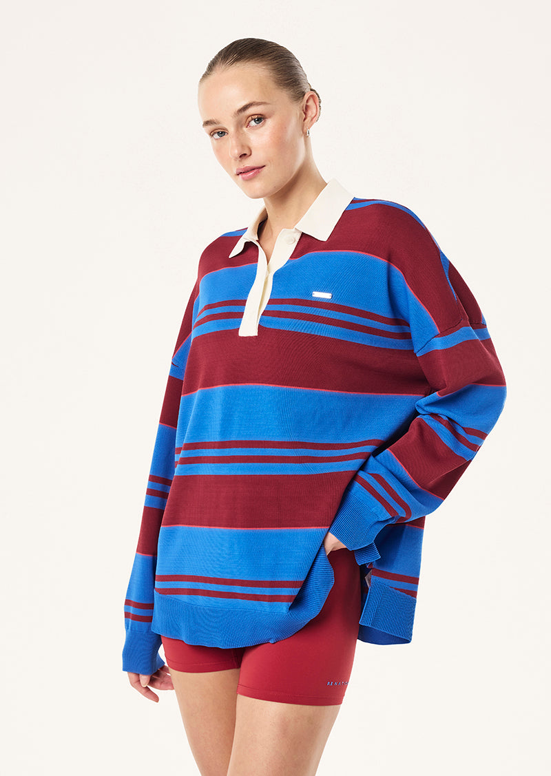 STRATA RUGBY KNIT IN PALACE BLUE STRIPE BY P.E NATION, WOMEN'S ATHLEISURE RUGBY SHIRTS