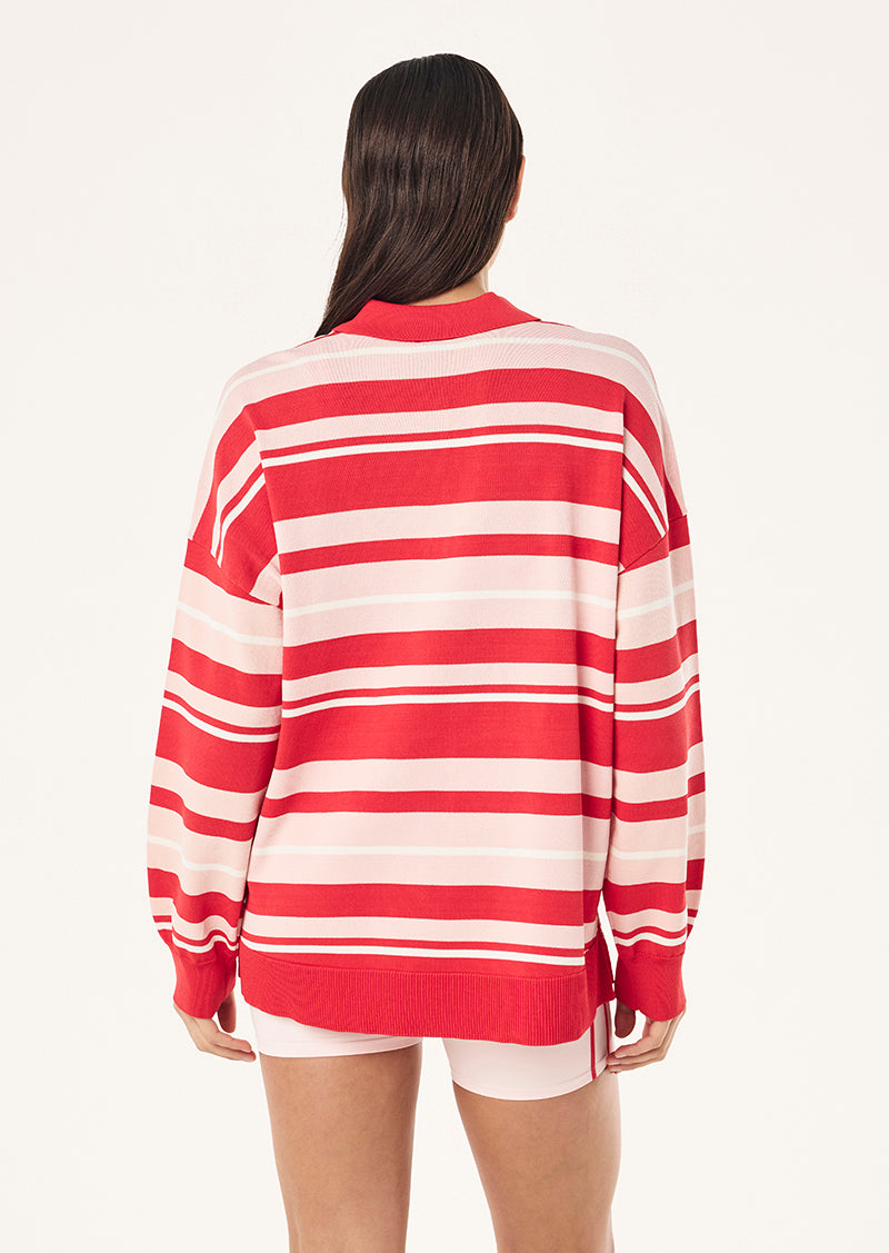 STRATA RUGBY KNIT IN STRAWBERRY STRIPE BY P.E NATION, WOMEN'S ATHLEISURE RUGBY SHIRTS