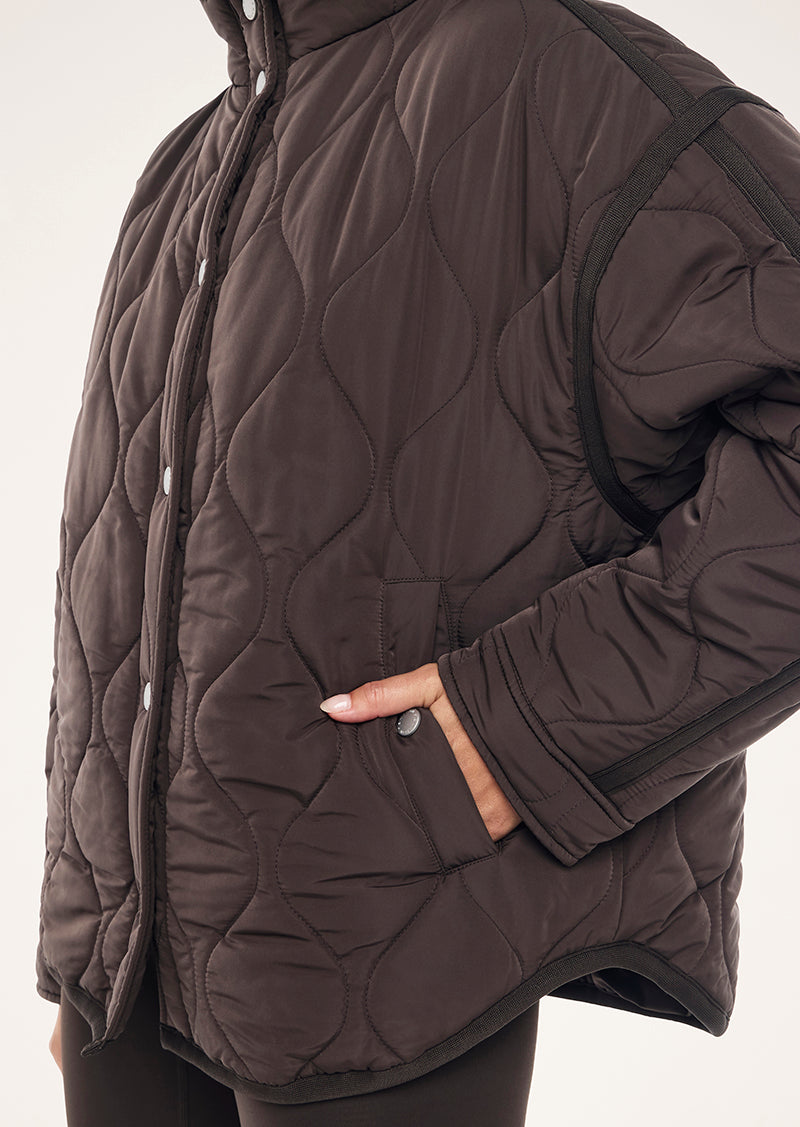 SURGE QUILT JACKET IN COFFEE BY P.E NATION, WOMEN'S ATHLEISURE PUFFER JACKETS