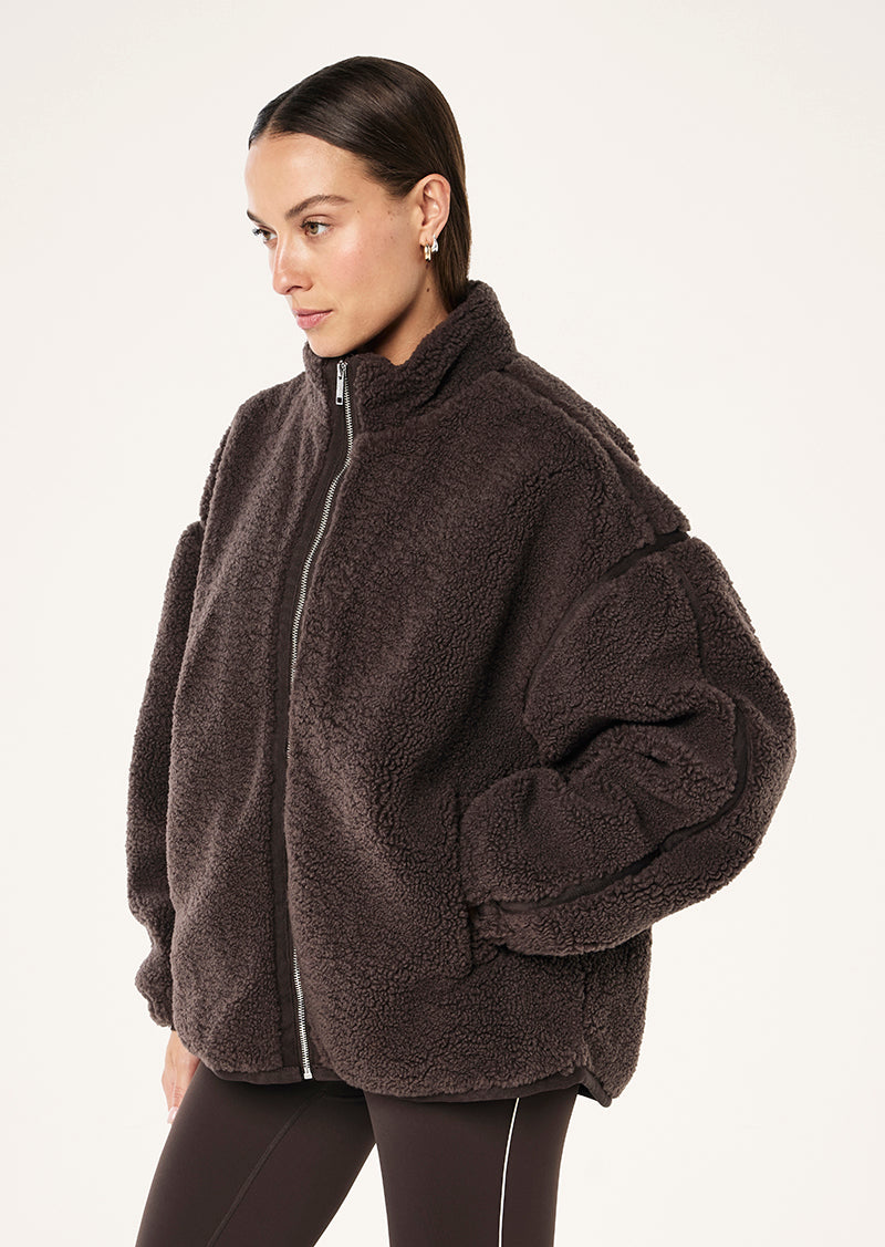 SURGE TEDDY JACKET IN COFFEE BY P.E NATION, WOMEN'S ATHLEISURE TEDDY JACKETS