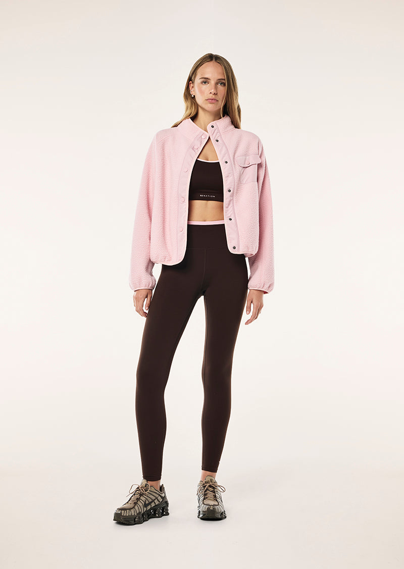 TAKEOVER JACKET IN CHALK PINK BY P.E NATION, WOMENS ATHLEISURE JACKET SHERPA PINK