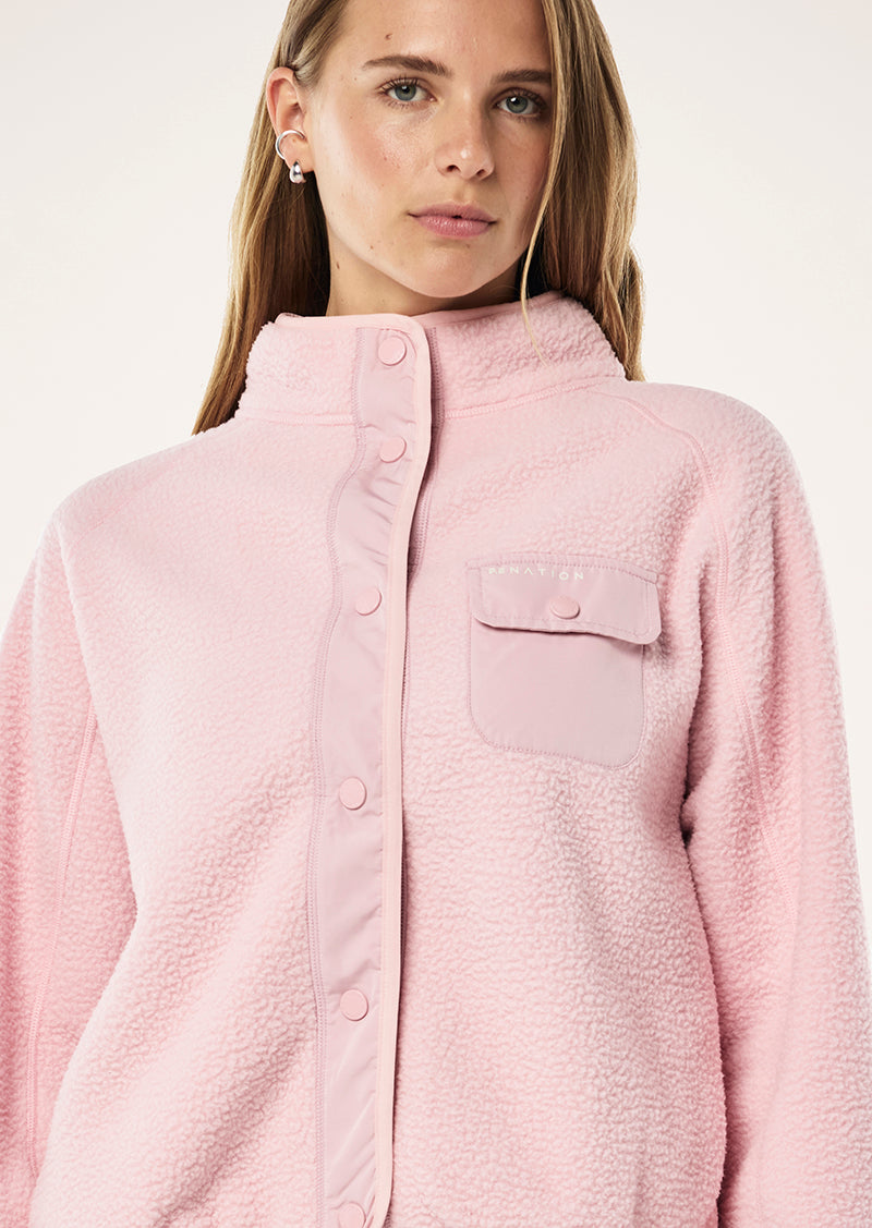 TAKEOVER JACKET IN CHALK PINK BY P.E NATION, WOMENS ATHLEISURE JACKET SHERPA PINK