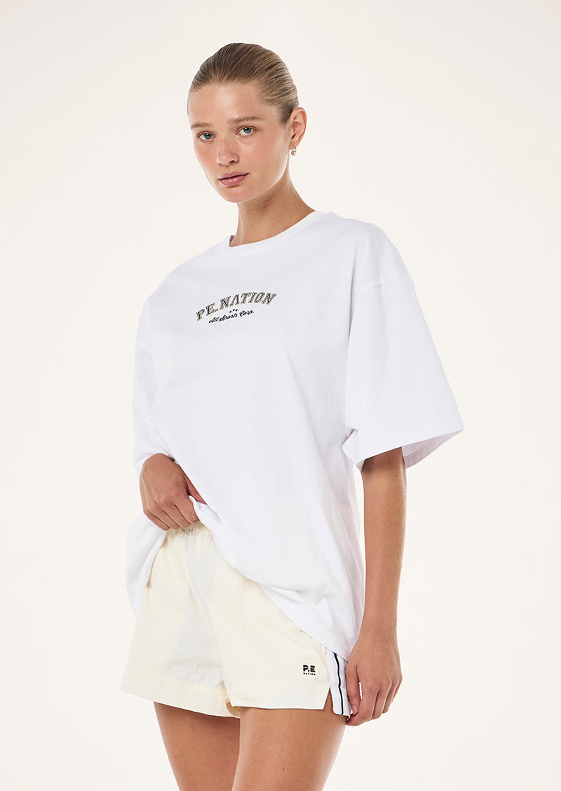 TRIAL TEE IN OPTIC WHITE BY P.E NATION, WOMEN'S ATHLEISURE COTTON TEE