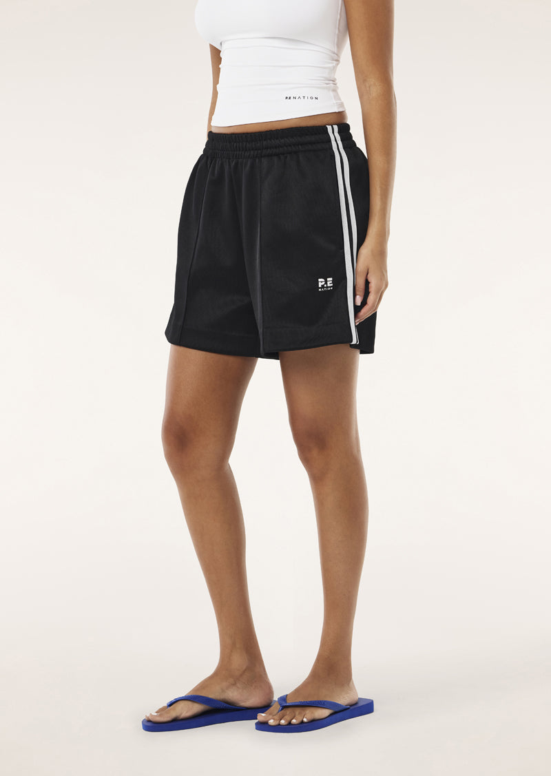 TRICOT STRIPE TRACKSHORT IN BLACK BY P.E NATION WOMENS ATHLEISURE TRACK SHORTS