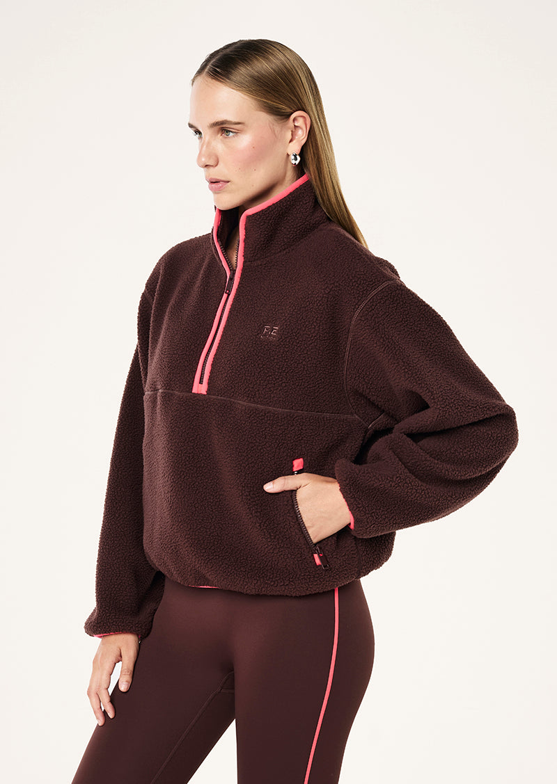 Verde Sherpa Quarter Zip in Mahogany & Diva Pink by P.E Nation, Women's Athleisure Quarter Zip Fleece