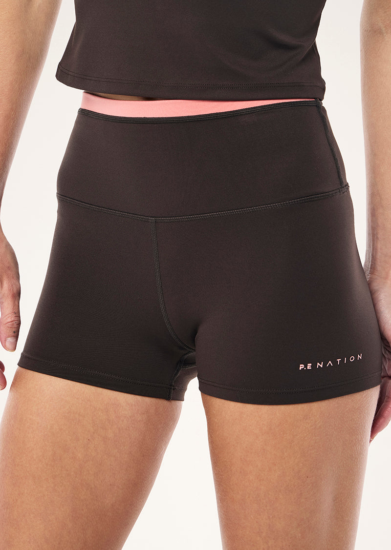 VITA 2 5 BIKE SHORT IN LICORICE AND DUSTY PINK BY P.E NATION WOMENS ATHLEISURE BIKE SHORT
