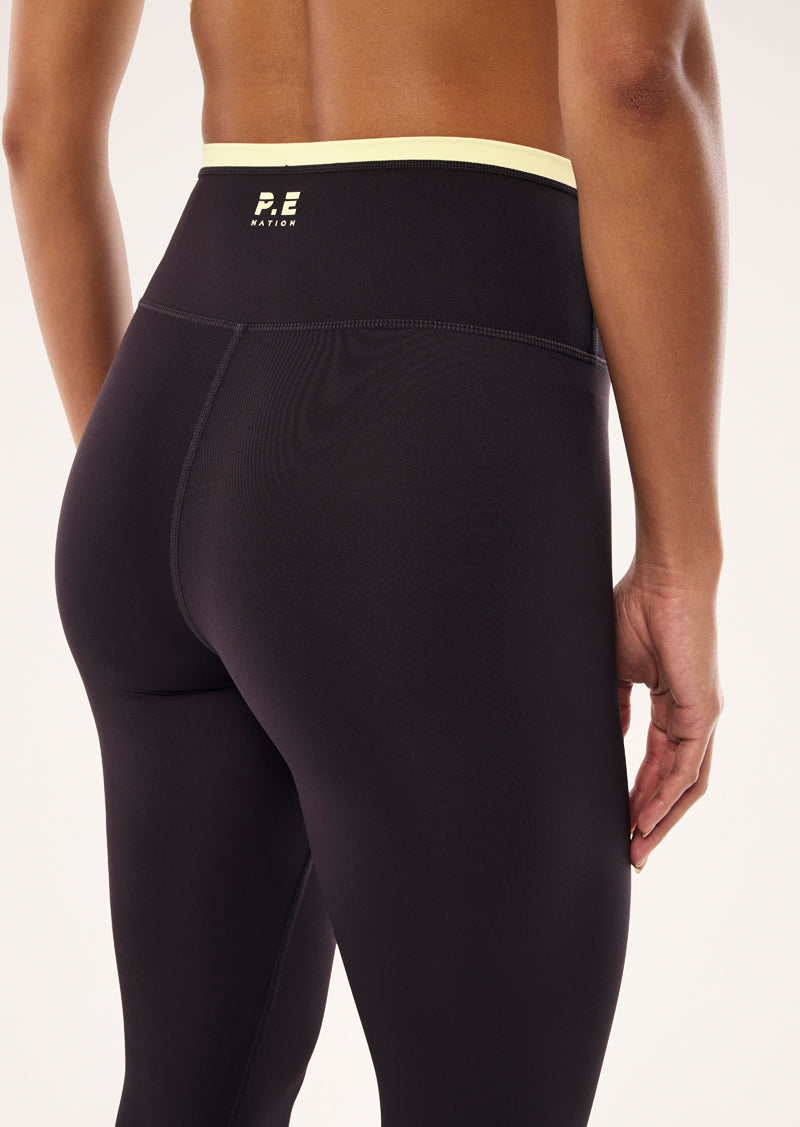 VITA FULL LENGTH LEGGING IN BLACK BEAN AND SOFT YELLOW BY P.E NATION, WOMEN'S FULL LENGTH LEGGINGS