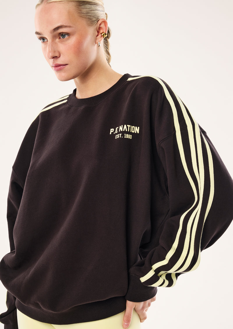 VOLTAGE OVERSIZED SEAT IN BLACK BEAN BY P.E NATION, WOMEN'S ATHLEISURE SWEATSHIRT