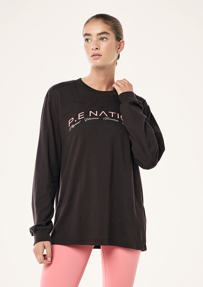 VOLUME LONG SLEEVE TEE IN LICORICE BY P.E NATION WOMENS ACTIVE TEE