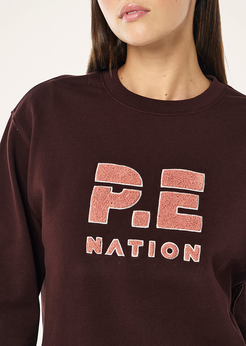 HEADS UP BOUCLE SWEAT IN MAHOGANY BY P.E NATION WOMENS ATHLEISURE SWEATSHIRT