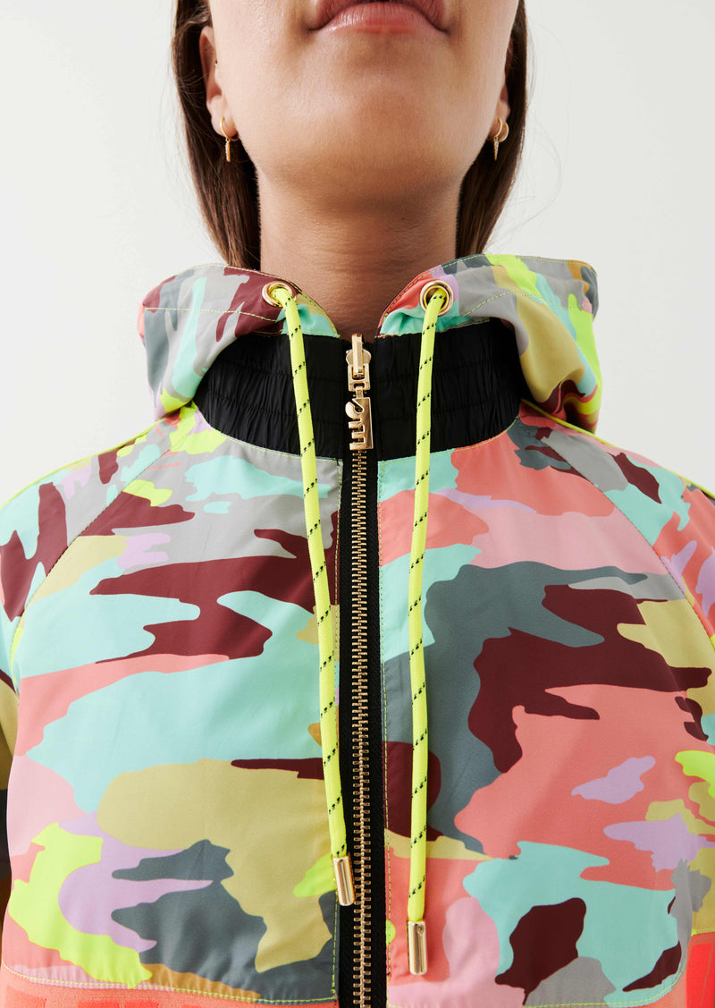 MAN DOWN JACKET IN COLOUR CAMO PRINT