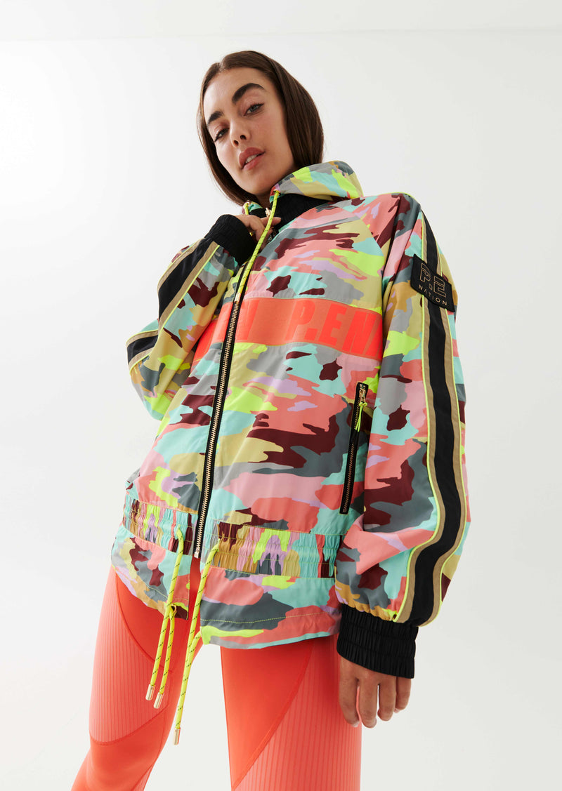 MAN DOWN JACKET IN COLOUR CAMO PRINT